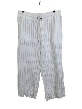 Athleta Bali Stripe Linen Crop Wide Leg Pants White Black Pull On Size 14 Beachy